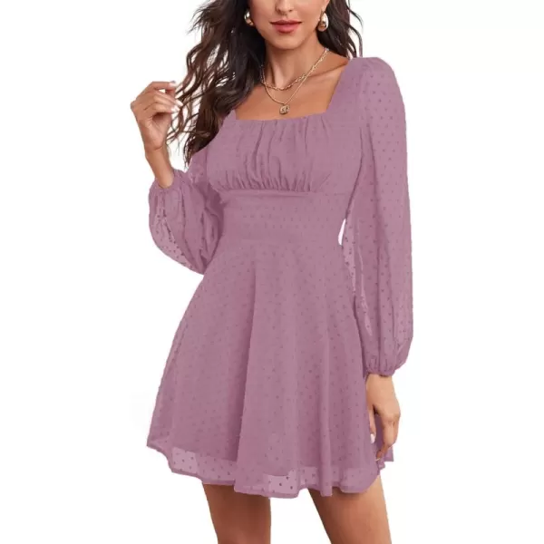 LYANER Women's Polka Dots Square Neck A line Long Sleeve Swiss Dots Mini Dress
