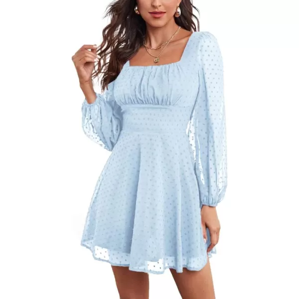 LYANER Women's Polka Dots Square Neck A line Long Sleeve Swiss Dots Mini Dress