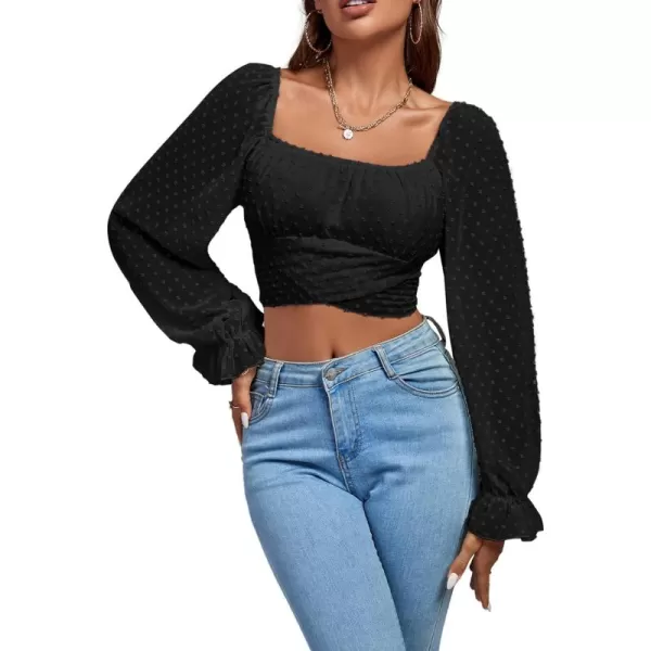 LYANER Women's Polka Dots Square Neck Wraped Self Tie Back Sheer Long Sleeve Crop Blouse Shirt Top