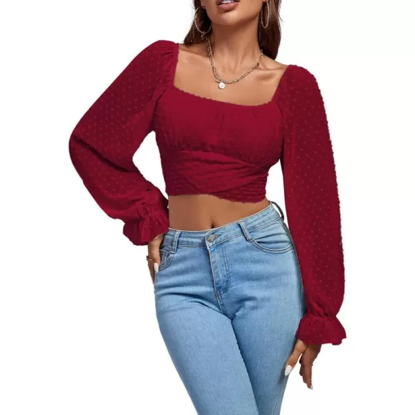 LYANER Women's Polka Dots Square Neck Wraped Self Tie Back Sheer Long Sleeve Crop Blouse Shirt Top