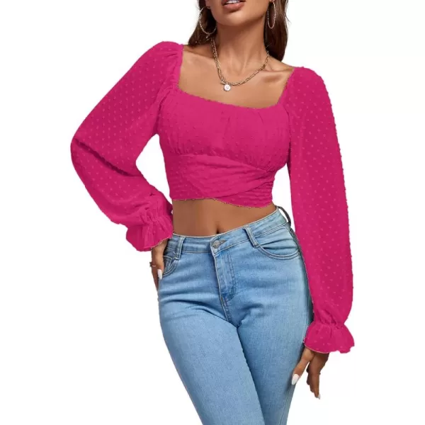 LYANER Women's Polka Dots Square Neck Wraped Self Tie Back Sheer Long Sleeve Crop Blouse Shirt Top