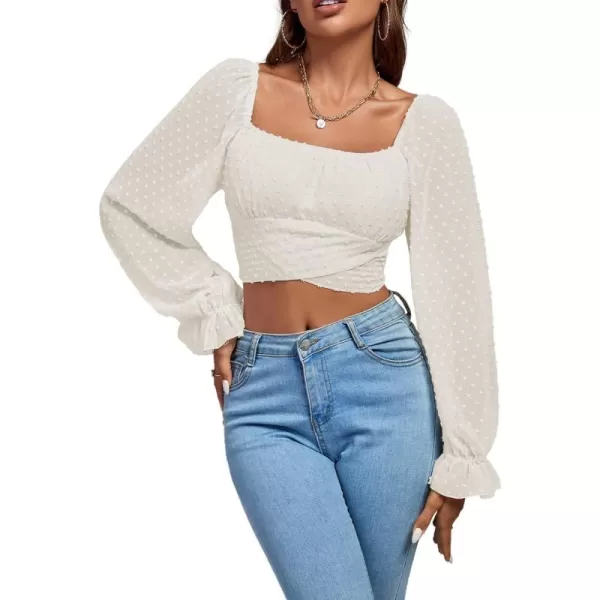 LYANER Women's Polka Dots Square Neck Wraped Self Tie Back Sheer Long Sleeve Crop Blouse Shirt Top