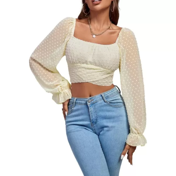 LYANER Women's Polka Dots Square Neck Wraped Self Tie Back Sheer Long Sleeve Crop Blouse Shirt Top