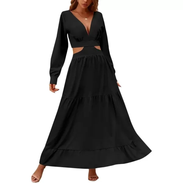 LYANER Women's Print Deep V Neck Puff Long Sleeve Cut Out Side Flowy Long Dress