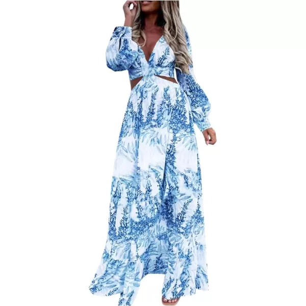 LYANER Women's Print Deep V Neck Puff Long Sleeve Cut Out Side Flowy Long Dress