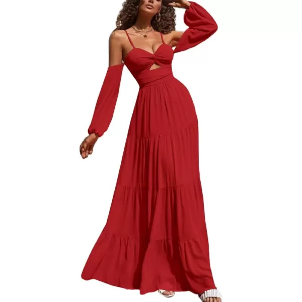 LYANER Women's Puff Long Sleeve Strappy Cut Out Front Flowy Swing Cami Maxi Dress