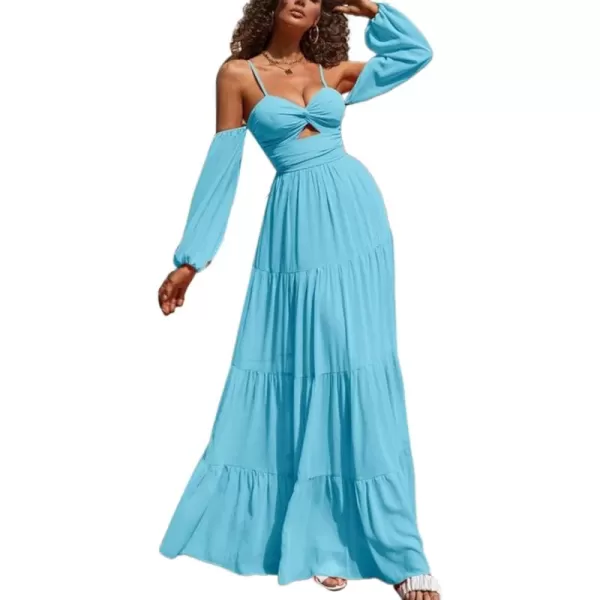 LYANER Women's Puff Long Sleeve Strappy Cut Out Front Flowy Swing Cami Maxi Dress