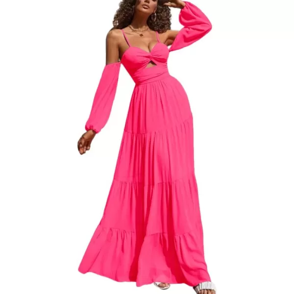 LYANER Women's Puff Long Sleeve Strappy Cut Out Front Flowy Swing Cami Maxi Dress