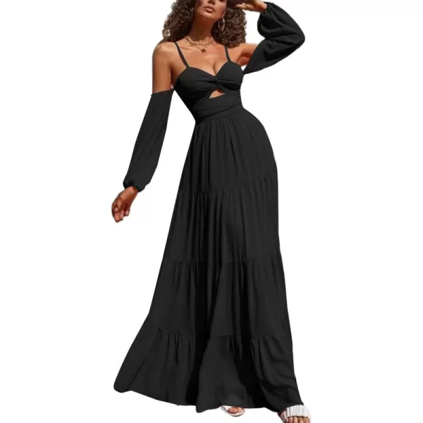 LYANER Women's Puff Long Sleeve Strappy Cut Out Front Flowy Swing Cami Maxi Dress
