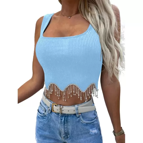 LYANER Women's Rhinestone Fringe Trim Ribbed Knit Square Neck Sleeveless Crop Tank Top