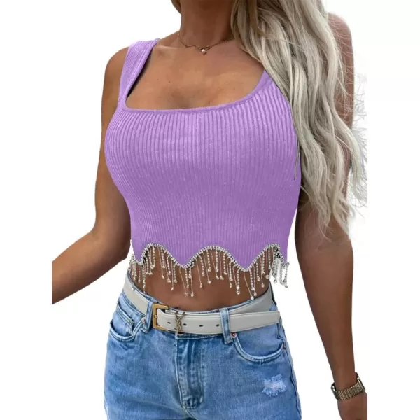 LYANER Women's Rhinestone Fringe Trim Ribbed Knit Square Neck Sleeveless Crop Tank Top