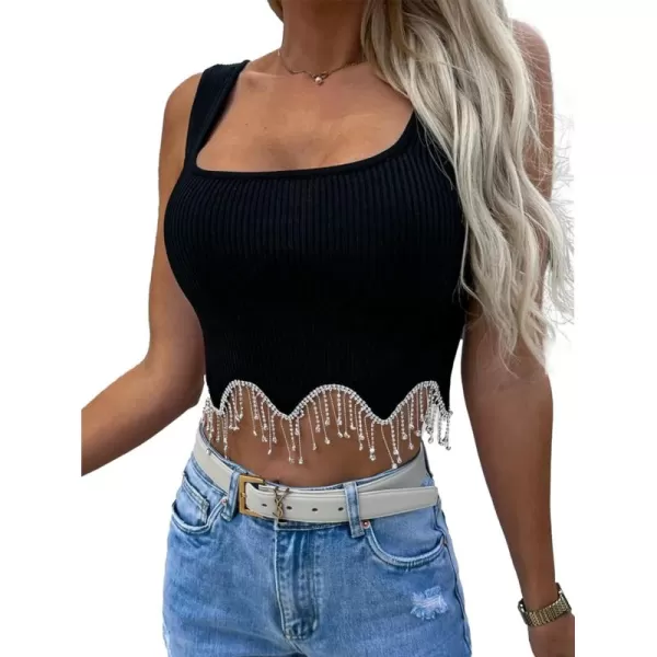 LYANER Women's Rhinestone Fringe Trim Ribbed Knit Square Neck Sleeveless Crop Tank Top