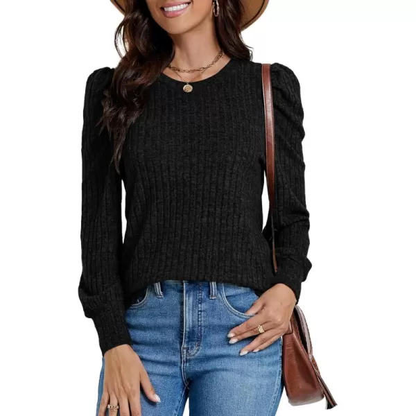 LYANER Women's Rib Knit Puff Long Sleeve Crewneck Casual Basic Tops Sweater Blouse