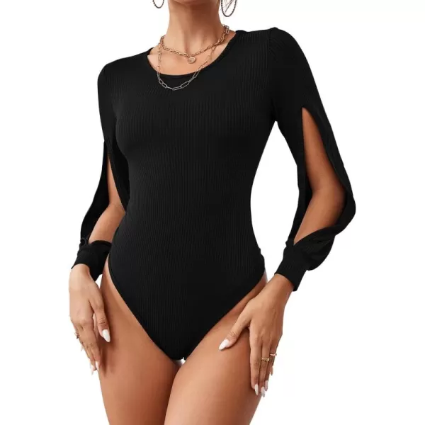 LYANER Women's Rib Knit Round Neck Hollow Out Sides Long Sleeve Leotard Bodysuit Top