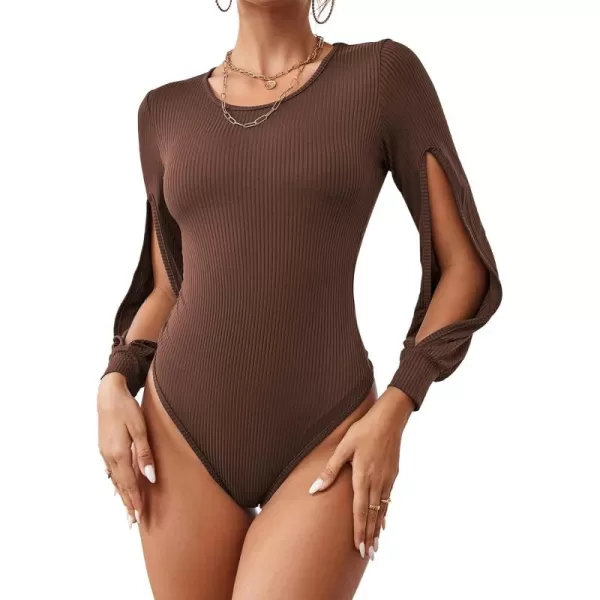 LYANER Women's Rib Knit Round Neck Hollow Out Sides Long Sleeve Leotard Bodysuit Top