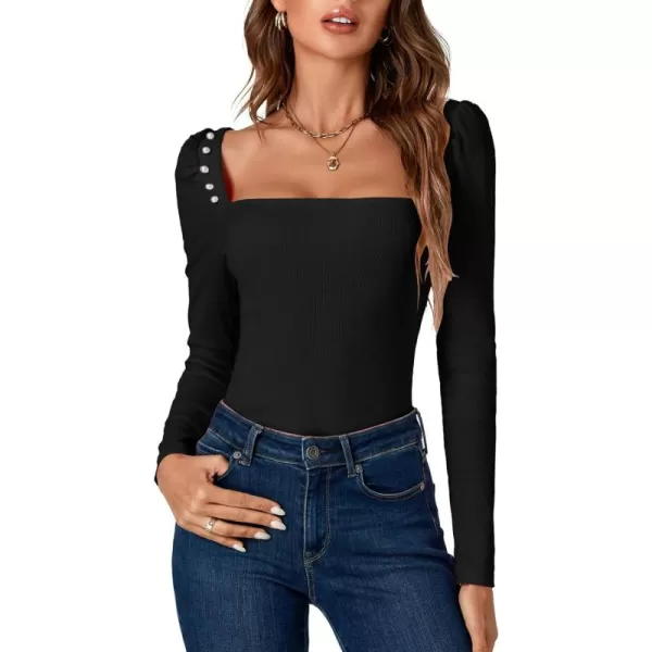 LYANER Women's Rib Knit Square Neck Long Sleeve Elegant Slim Basic Sweater Top Blouse