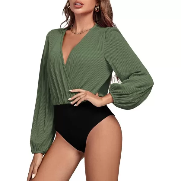 LYANER Women's Rib Knit Wraped V Neck Puff Long Sleeve Bodysuit Leotard Top