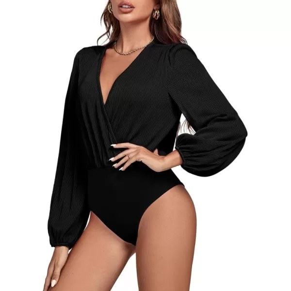LYANER Women's Rib Knit Wraped V Neck Puff Long Sleeve Bodysuit Leotard Top