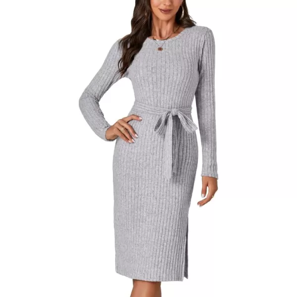 LYANER Women's Ribb Knit Crewneck Long Sleeve Tie Waist Slit Slim Sweater Midi Dress