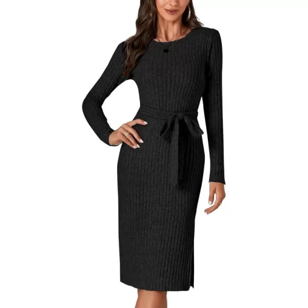 LYANER Women's Ribb Knit Crewneck Long Sleeve Tie Waist Slit Slim Sweater Midi Dress