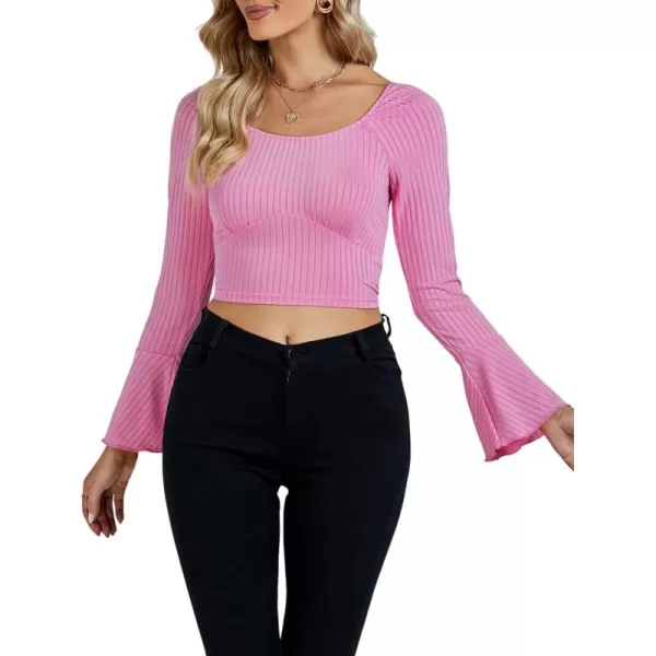 LYANER Women's Ribbed Knit Bell Long Sleeve Scoop Neck Crop Top Slim Fit Tee Shirt