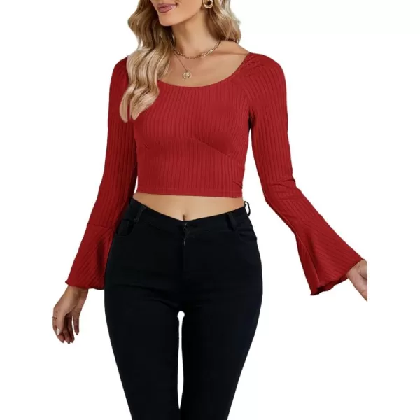 LYANER Women's Ribbed Knit Bell Long Sleeve Scoop Neck Crop Top Slim Fit Tee Shirt
