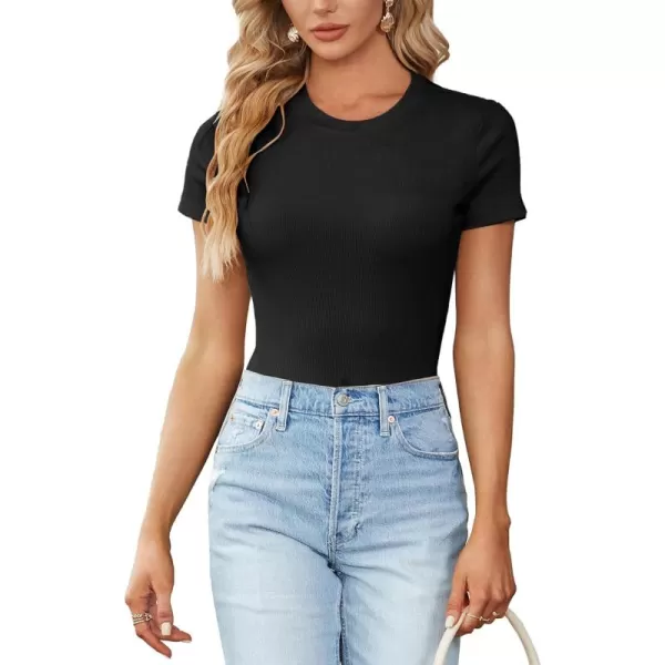 LYANER Women's Ribbed Knit Round Neck Short Sleeve Slim Fit Basic T-Shirt Tee Top