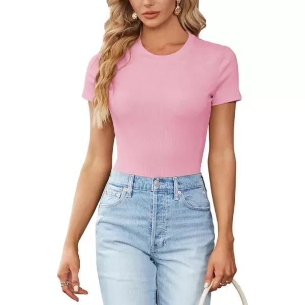 LYANER Women's Ribbed Knit Round Neck Short Sleeve Slim Fit Basic T-Shirt Tee Top