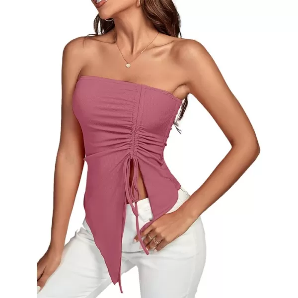 LYANER Women's Ribbed Knit Side Drawstring Off Shoulder Bandeau Strapless Tube Top