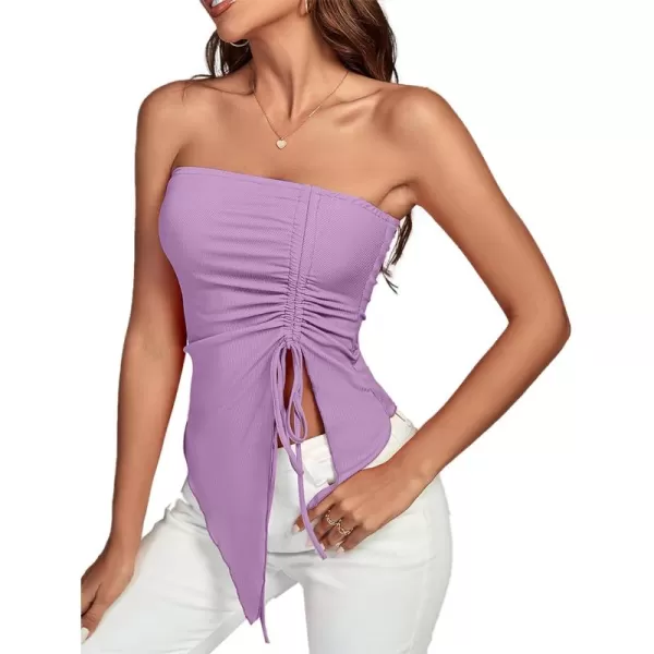 LYANER Women's Ribbed Knit Side Drawstring Off Shoulder Bandeau Strapless Tube Top