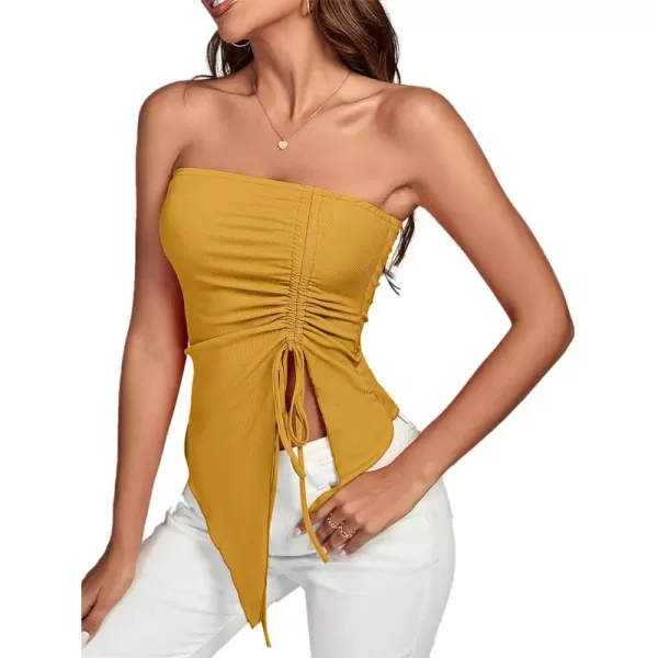 LYANER Women's Ribbed Knit Side Drawstring Off Shoulder Bandeau Strapless Tube Top