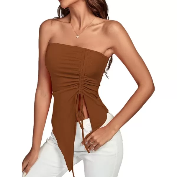 LYANER Women's Ribbed Knit Side Drawstring Off Shoulder Bandeau Strapless Tube Top
