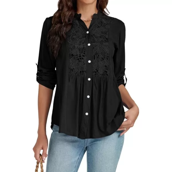 LYANER Women's Roll Up Sleeve V Neck Lace Crochet Button Down Shirt Casual Peplum Blouse Tunic Tops
