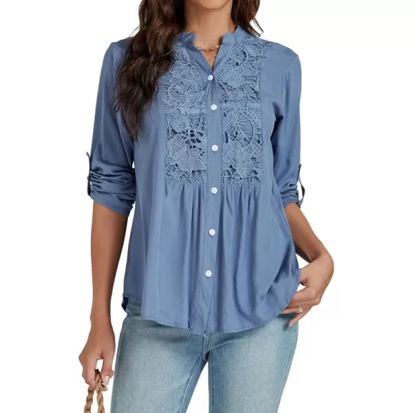 LYANER Women's Roll Up Sleeve V Neck Lace Crochet Button Down Shirt Casual Peplum Blouse Tunic Tops