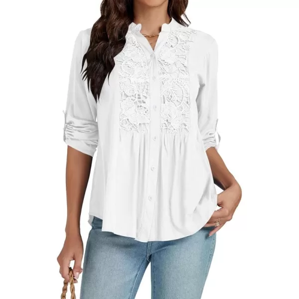 LYANER Women's Roll Up Sleeve V Neck Lace Crochet Button Down Shirt Casual Peplum Blouse Tunic Tops
