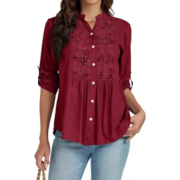 LYANER Women's Roll Up Sleeve V Neck Lace Crochet Button Down Shirt Casual Peplum Blouse Tunic Tops