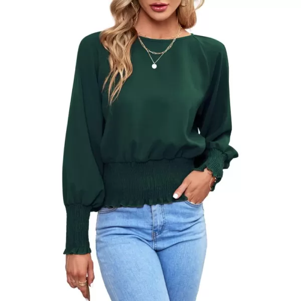 LYANER Women's Round Neck Frill Shirred Lantern Long Sleeve Blouse Office Shirt Top