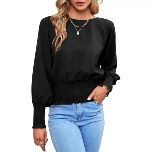 LYANER Women's Round Neck Frill Shirred Lantern Long Sleeve Blouse Office Shirt Top