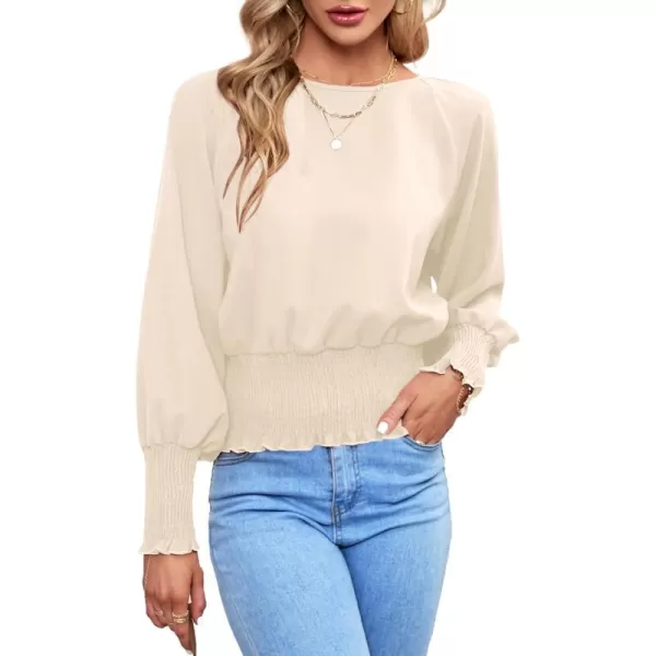 LYANER Women's Round Neck Frill Shirred Lantern Long Sleeve Blouse Office Shirt Top