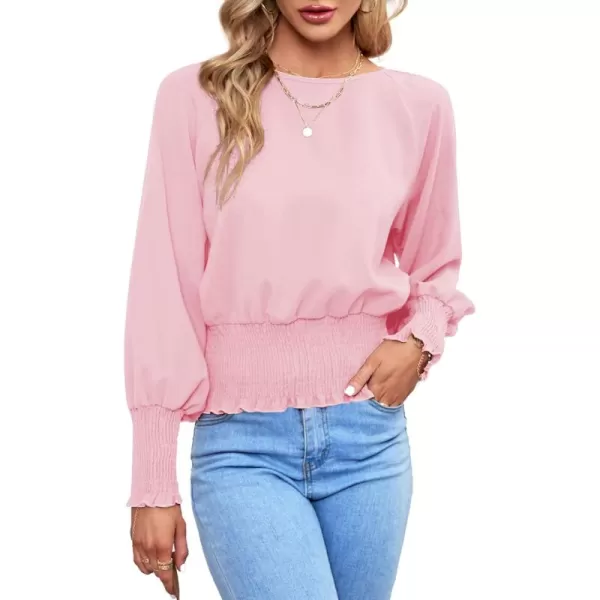 LYANER Women's Round Neck Frill Shirred Lantern Long Sleeve Blouse Office Shirt Top