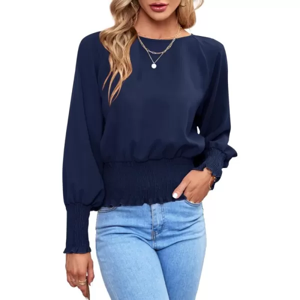 LYANER Women's Round Neck Frill Shirred Lantern Long Sleeve Blouse Office Shirt Top