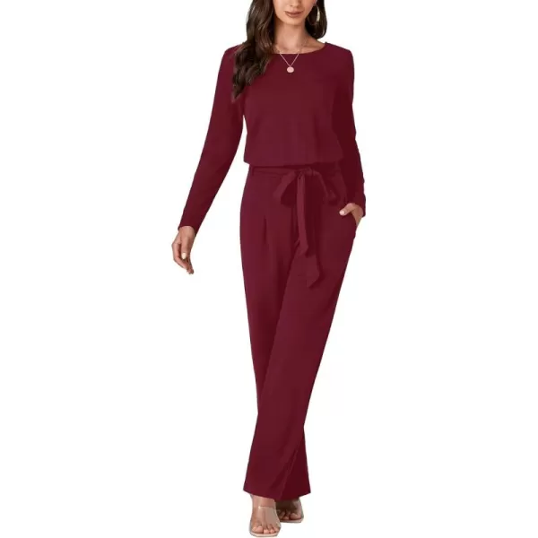 LYANER Women's Round Neck Long Sleeve Keyhole Back Waist Tie Romper Wide Leg Pant Jumpsuit with pockets