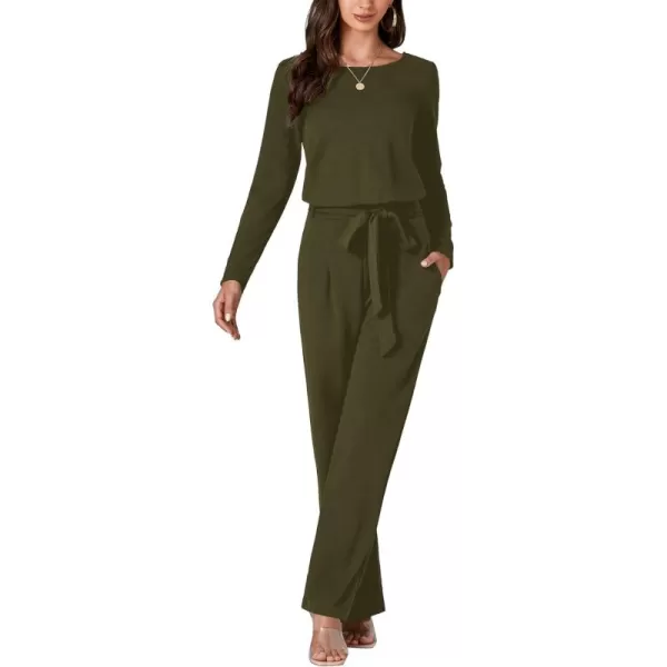 LYANER Women's Round Neck Long Sleeve Keyhole Back Waist Tie Romper Wide Leg Pant Jumpsuit with pockets