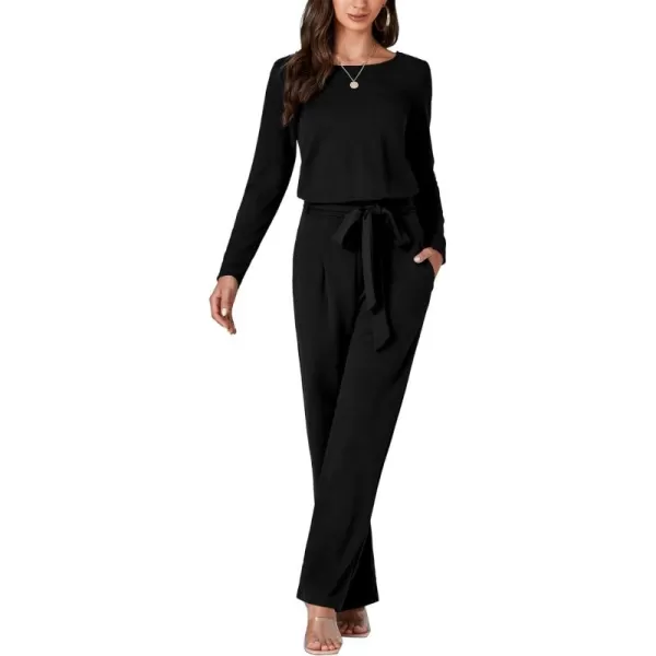 LYANER Women's Round Neck Long Sleeve Keyhole Back Waist Tie Romper Wide Leg Pant Jumpsuit with pockets