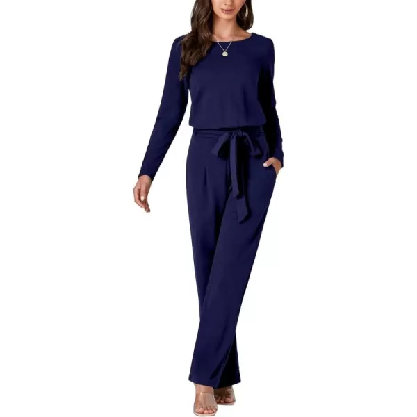 LYANER Women's Round Neck Long Sleeve Keyhole Back Waist Tie Romper Wide Leg Pant Jumpsuit with pockets