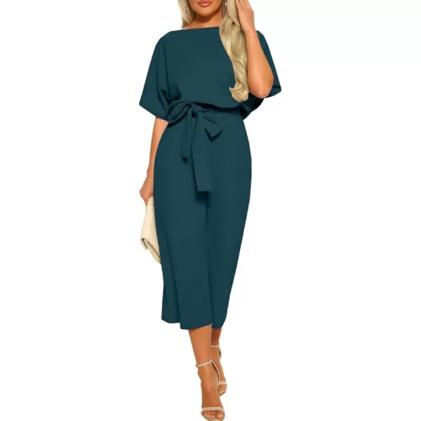 LYANER Women's Round Neck Short Sleeve Zipper Back Waist Tie Romper Wide Leg Pant Jumpsuit