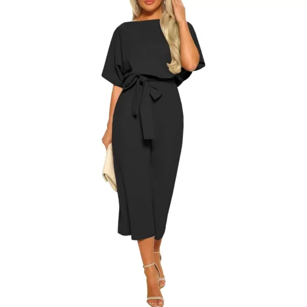 LYANER Women's Round Neck Short Sleeve Zipper Back Waist Tie Romper Wide Leg Pant Jumpsuit