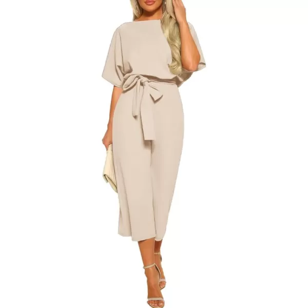 LYANER Women's Round Neck Short Sleeve Zipper Back Waist Tie Romper Wide Leg Pant Jumpsuit