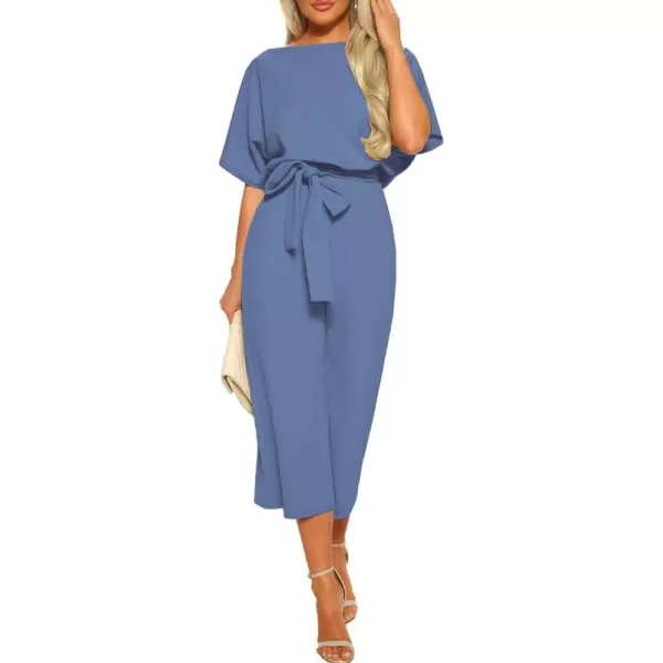 LYANER Women's Round Neck Short Sleeve Zipper Back Waist Tie Romper Wide Leg Pant Jumpsuit