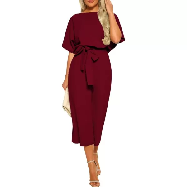 LYANER Women's Round Neck Short Sleeve Zipper Back Waist Tie Romper Wide Leg Pant Jumpsuit
